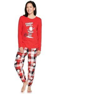 Womens Christmas Pajamas Medium Santa Coming Soon Red Plaid Top & Fleece Pants